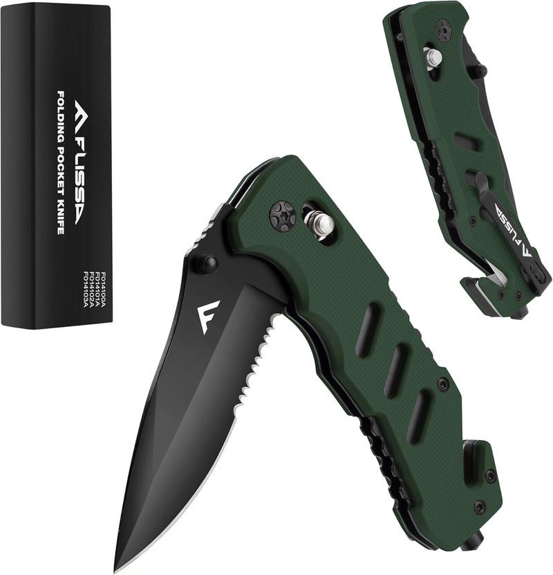 FLISSA Folding Pocket Knife with Clip, Glass Breaker and Seatbelt Cutter, Survival Knife for Emergency Rescue Situations, EDC Knife for Tactical, Hunting, Camping, Outdoor, Unique Gifts for Dad, Father-Green - Image 1